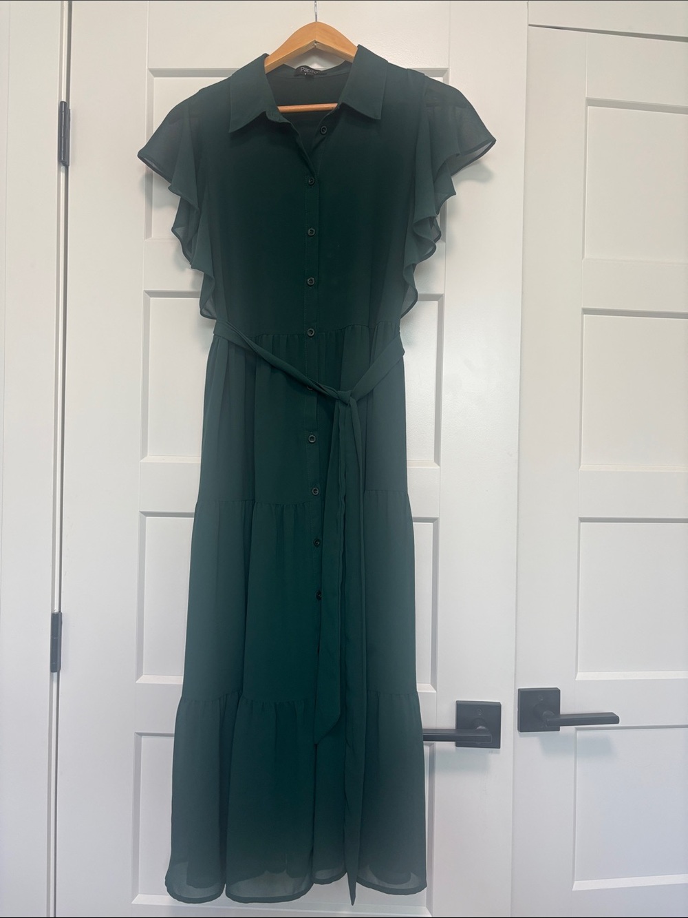 Papillon Blanc Forest Green Tiered Button-Front Maxi Dress with Tie